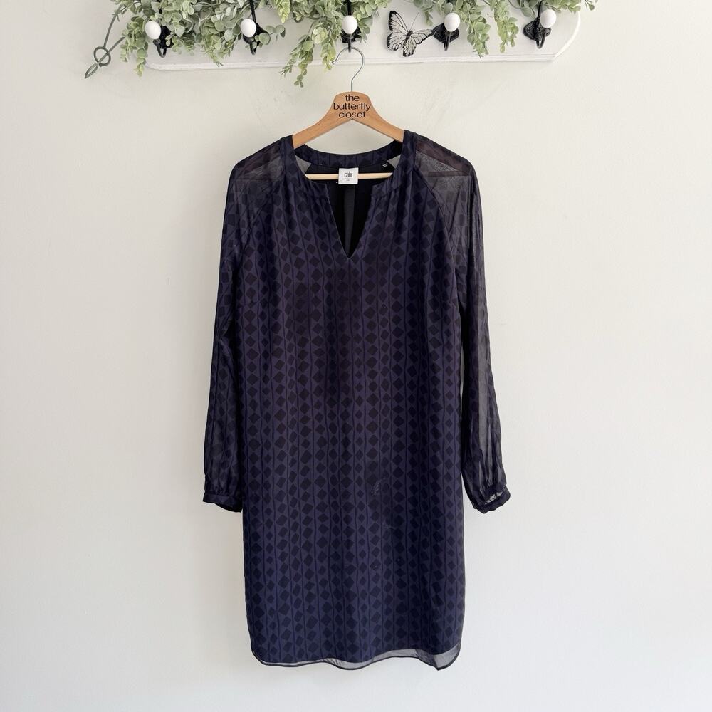 Cabi 3102 Harlequin Purple Black V-neck Long Sleeve Shift Dress Size Small KT